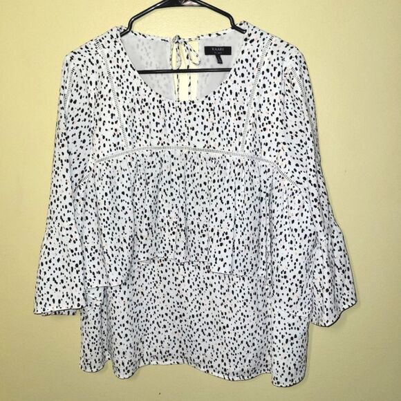 Kaari Blue Spotted Flare Sleeve Ruffle Keyhole Top Large - Picture 1 of 13